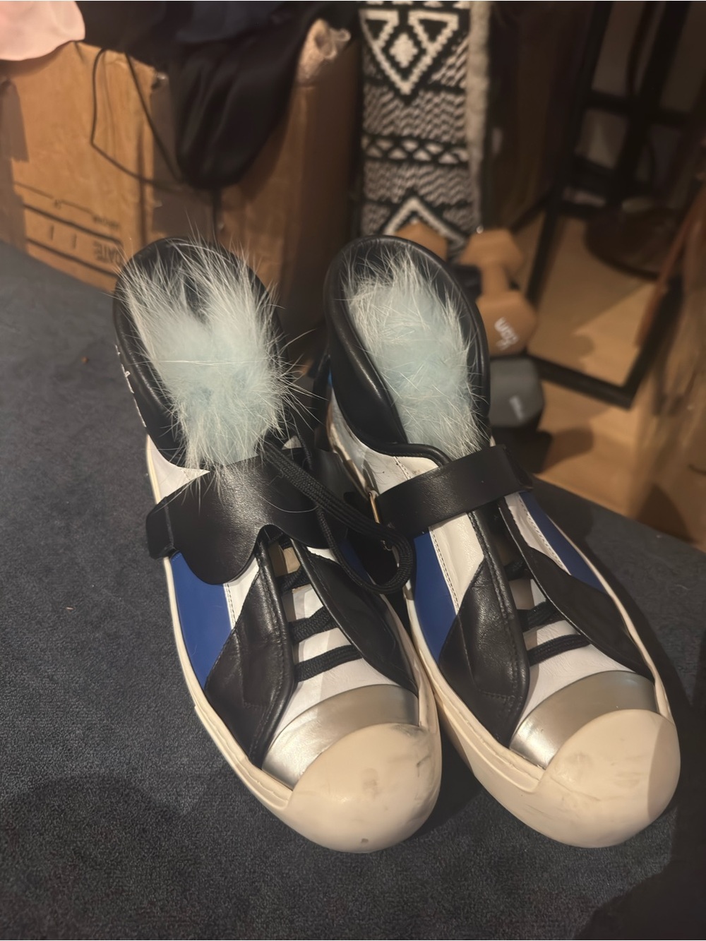 Fendi Black, Blue and Light Blue Fur Leather Sneakers